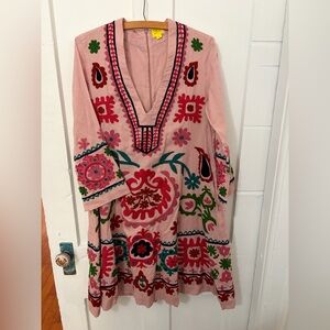 Roller Rabbit Boho Pink Bell Sleeve Embroidered Dress made of 100% cotton.